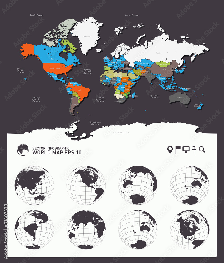 Naklejka premium World map-countries, earth globes vector, World map with earth globes, editable vector eps10.