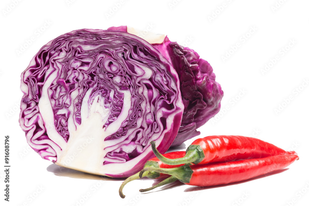 Obraz premium fresh Purple cabbage and Chili on a white background