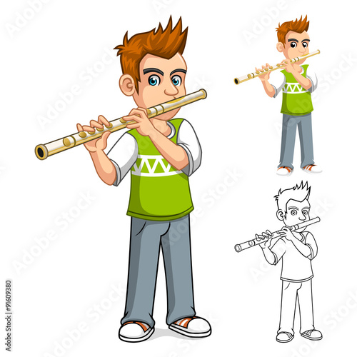 High Quality Boy Playing Flute Cartoon Character Vector Illustration