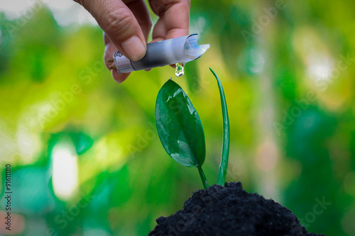 Hand watering with garbage malfunctioning fluorescent lamp.(Natural and waste technology)