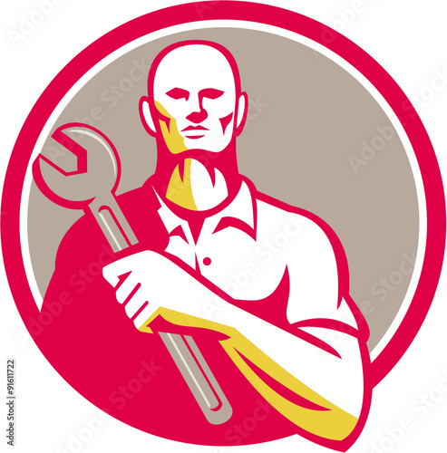 Mechanic Holding Wrench Circle Retro