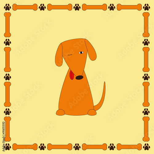 Cute foxy dog with protruding tongue in frame with bones and paw