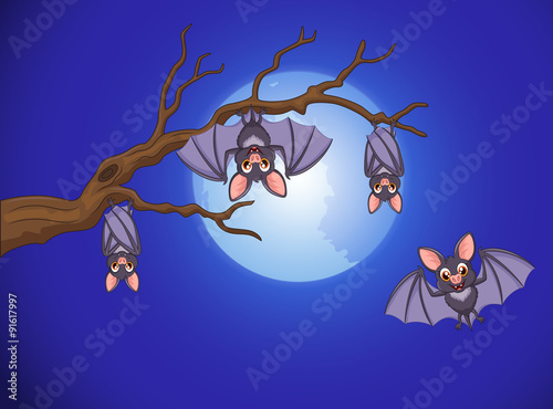 adorable bat cartoon sleeping and fly at night with full moon background