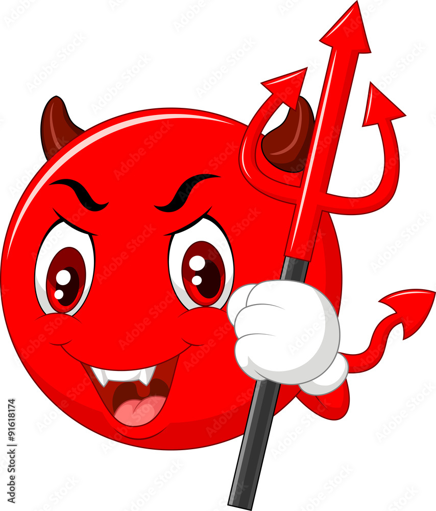 Cartoon red devil emoticon holding trident isolated on white background ...