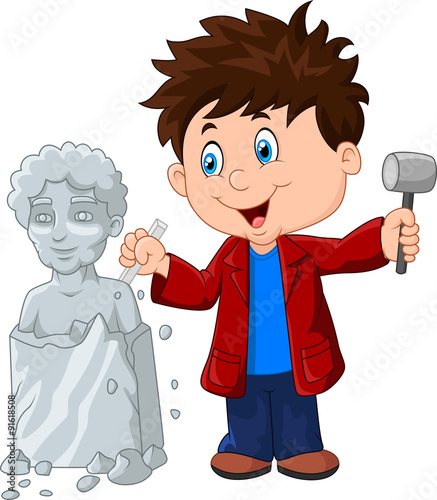 Sculptor boy holding chisel and hammer
