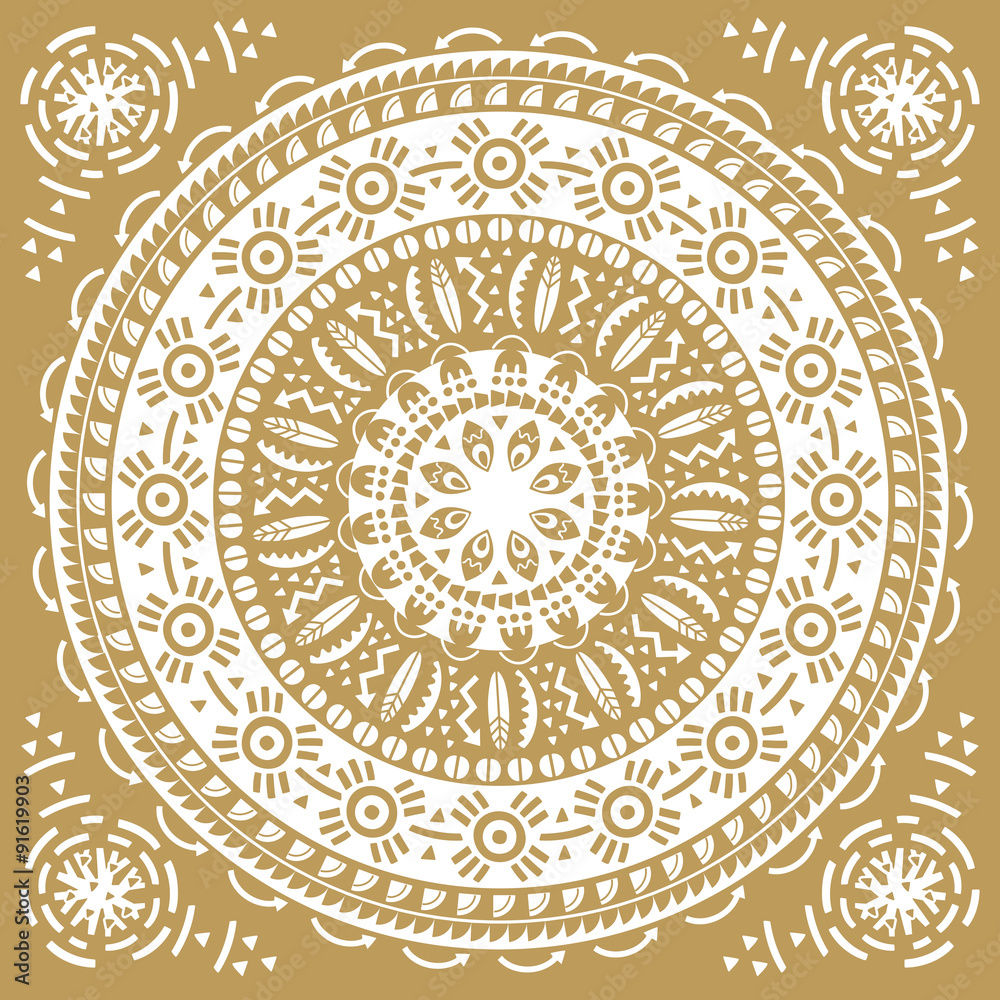 Monochromatic ethnic round ornament. Abstract circle background