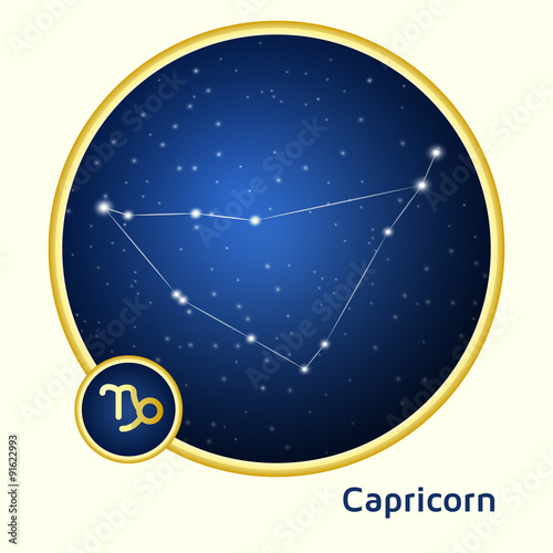 Capricorn constellation zodiac sign in golden circle at starry night sky 