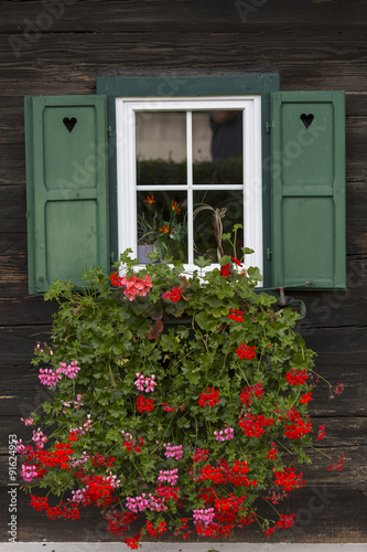 Blumen vor dem Fenster eines alten Bauernhof in der Steiermark, Österreich