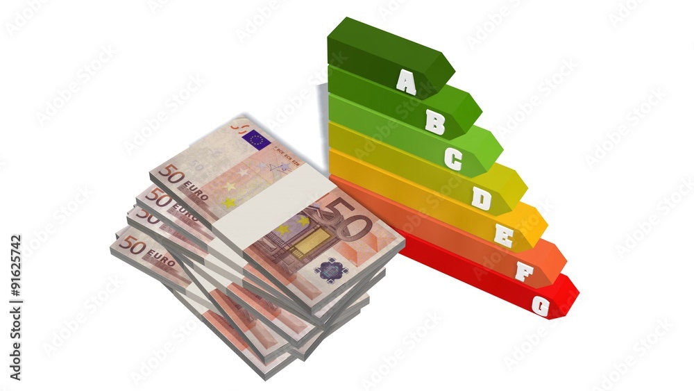 
Energy efficiency rating scale and stack of 50 euro bills