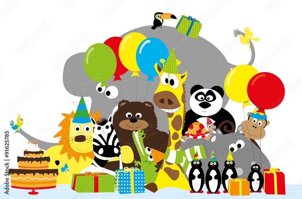 Zwierzęta z balonikami, prezentami i tortem urodzinowym na przyjęciu - obrazy, fototapety, plakaty 