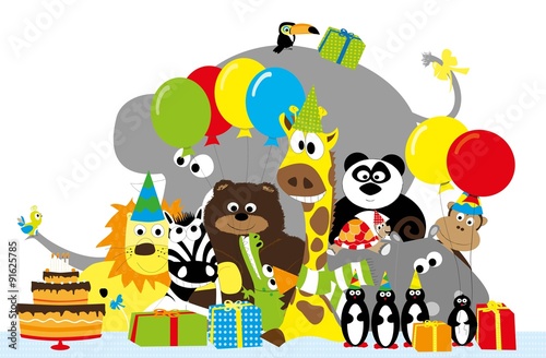 Zwierzęta z balonikami, prezentami i tortem urodzinowym na przyjęciu