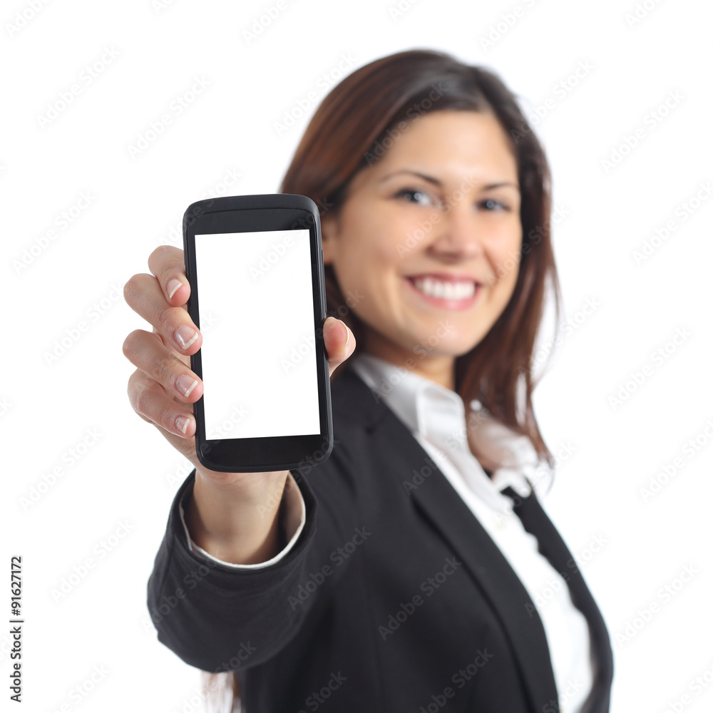 Businesswoman showing a blank smart phone screen Businesswoman showing a blank smart phone screen