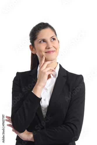 Businesswoman thinking and looking sideways isolated