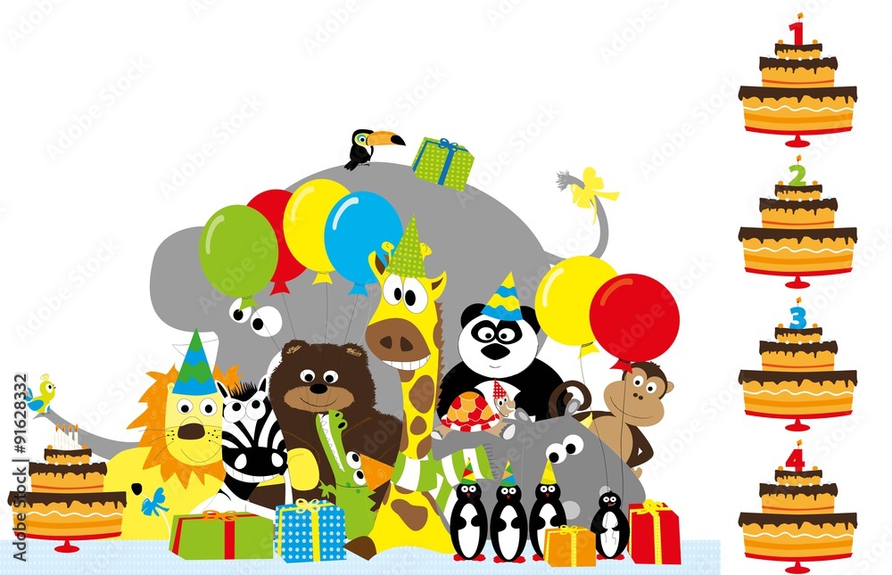 Obraz premium Birthday party animals with cake for 1 / 2 / 3 /4 years old child