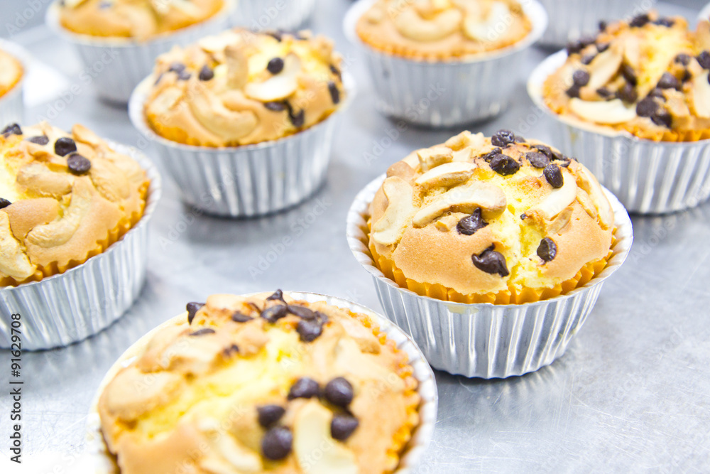 Muffin butter cakes with cashew nut and chocolate chips on top Muffin butter cakes with cashew nut and chocolate chips on top