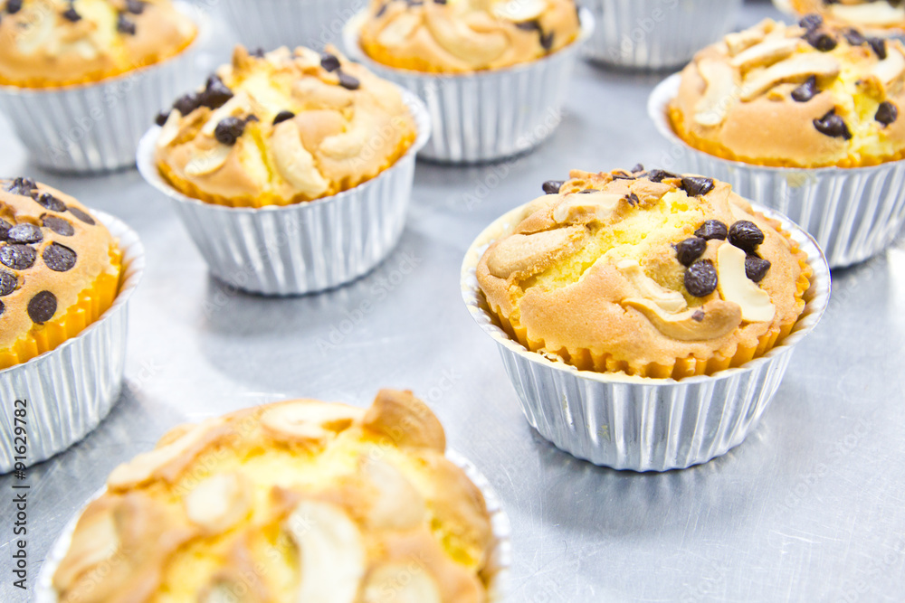 Muffin butter cakes with cashew nut and chocolate chips on top Muffin butter cakes with cashew nut and chocolate chips on top