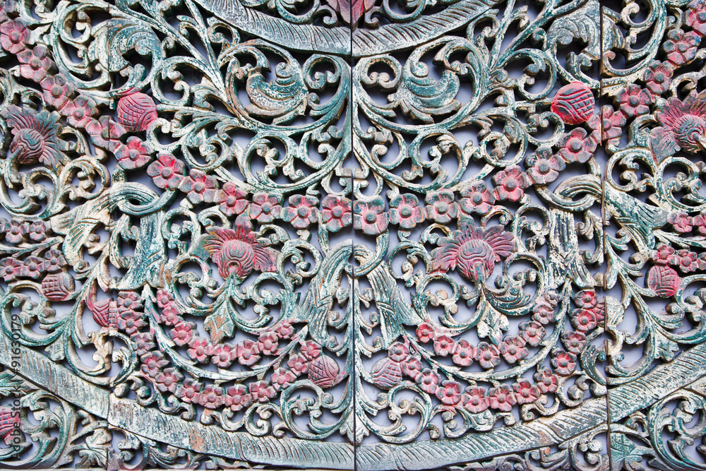Antique art on wooden gate,Bangkok Thailand