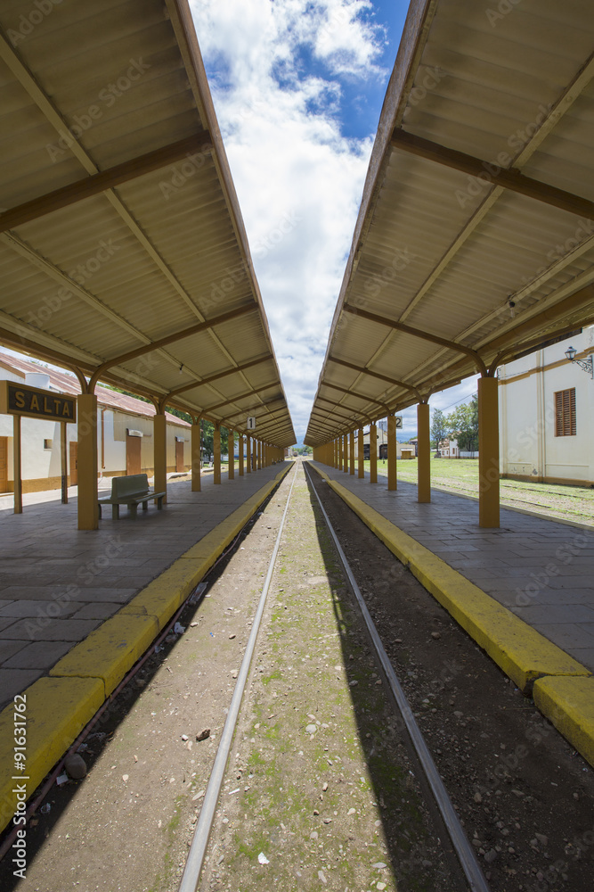 Old Salta train Station with cloudy blue sky, Argentina