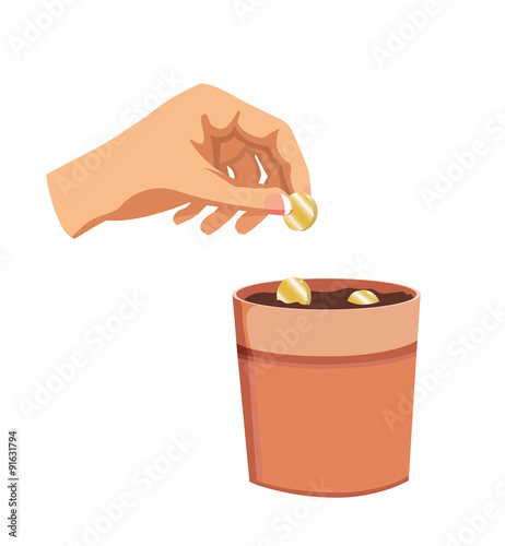 Vector image of a hand placing coins into a plant pot