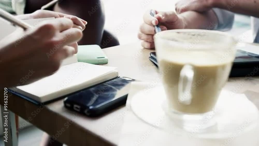 Closeup hands Business people meeting in cafe using digital tablet big data