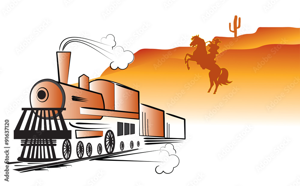Fototapeta premium Vector cowboy and locomotive. Western bandit life