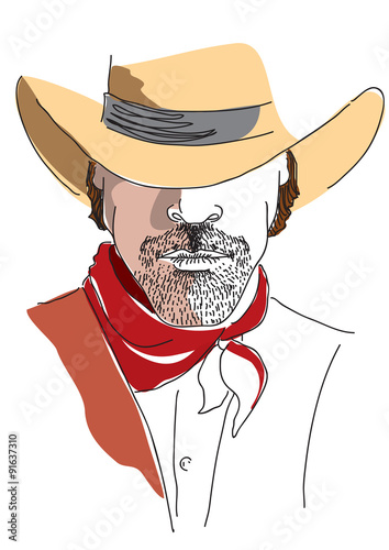 Vector portrait of cowboy on white.Stronge man in cowboy hat photo