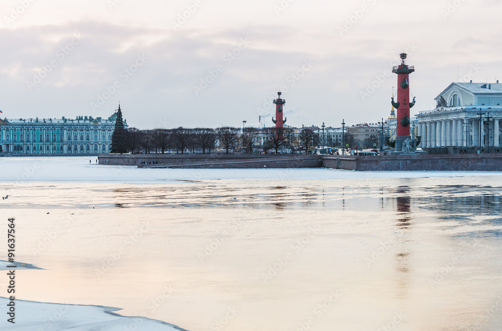 Spit of Vasilievsky Island in winter in Saint Petersburg at dawn
