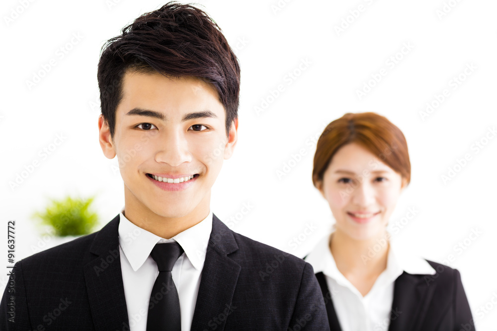 happy business man and woman standing in office happy business man and woman standing in office