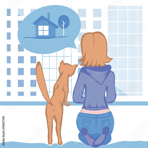 Woman and cat dream about country house