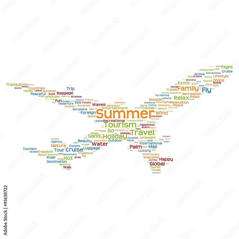 Obraz premium Concept or conceptual colorful plane silhouette travel tourism text word cloud