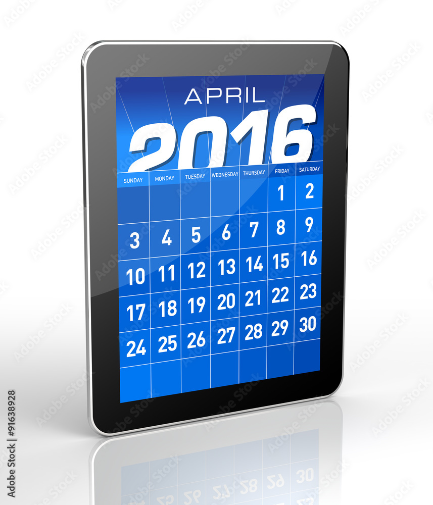 April 2016 - Tablet Calendar. Isolated on White Background. April 2016 - Tablet Calendar. Isolated on White Background.