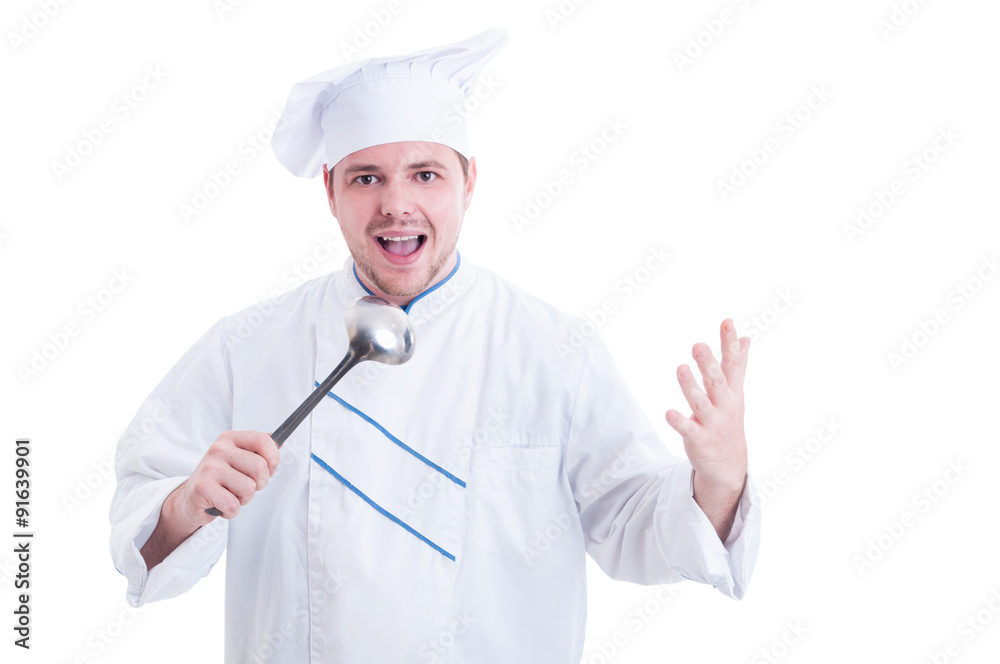 Cook or chef holding ladle and singing Cook or chef holding ladle and singing