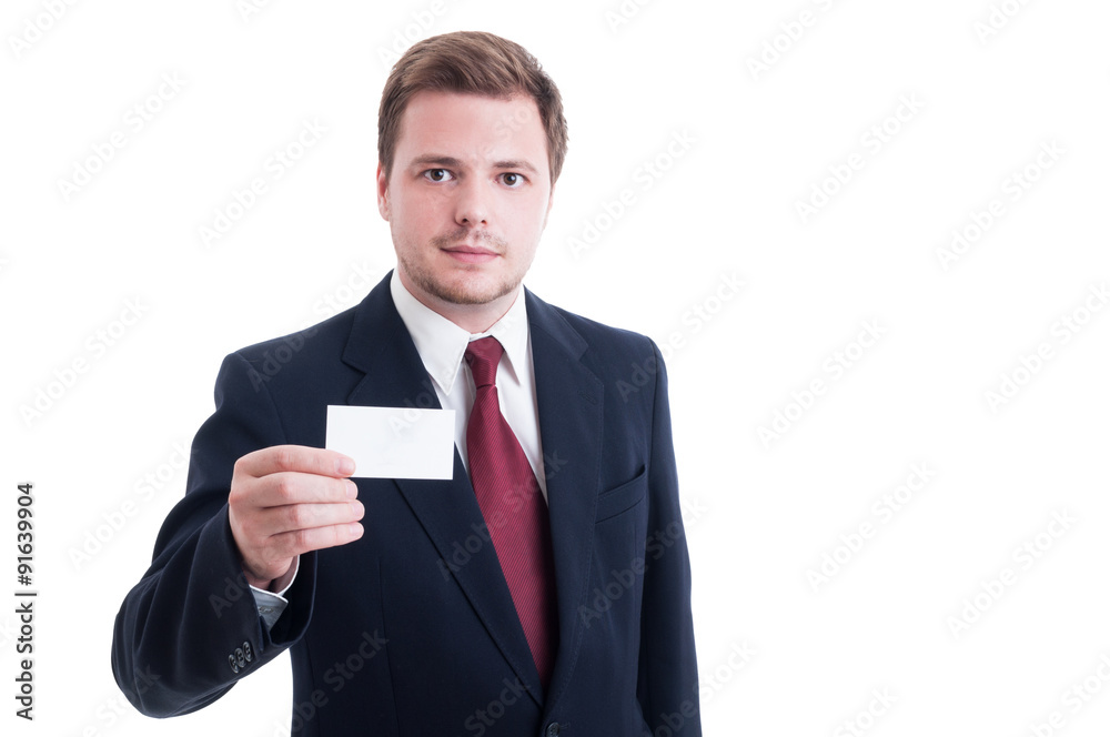 Businessman wearing suit and showing blank empty business card Businessman wearing suit and showing blank empty business card