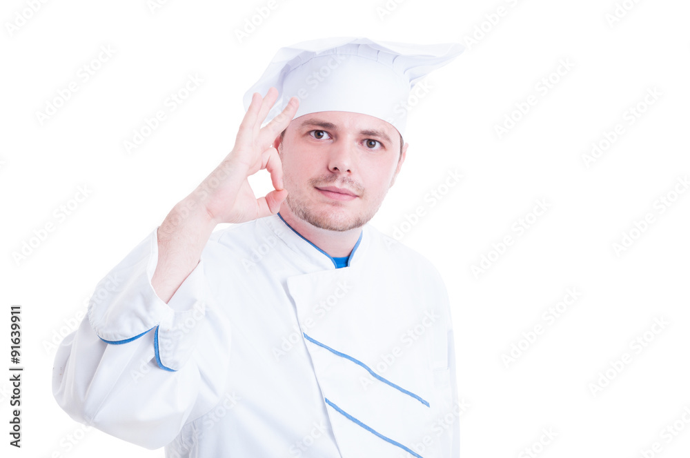 Confident cook or chef showing okay or perfect gesture Confident cook or chef showing okay or perfect gesture