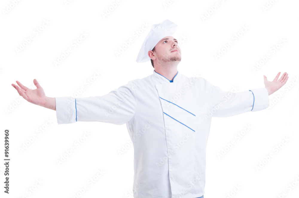 Chef or cook with arms wide open outstretched and outspread
