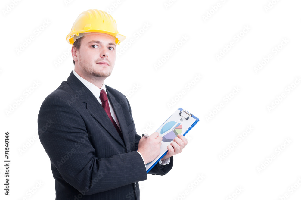 Contractor or salesman, analyzing financial chart Contractor or salesman, analyzing financial chart