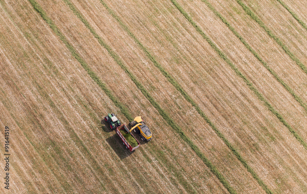 aerial view of harvest field with tractor and combine