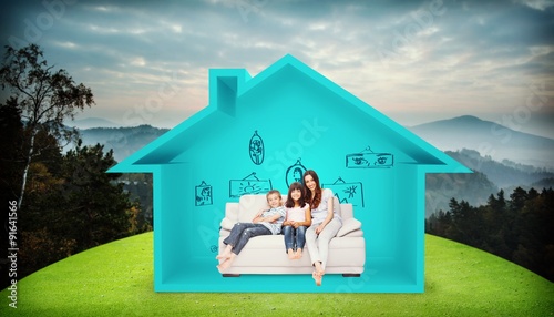 Composite image of mother with their children sitting on sofa photo