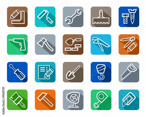 Icons, tools, repairs and construction, colored background, shadow. 