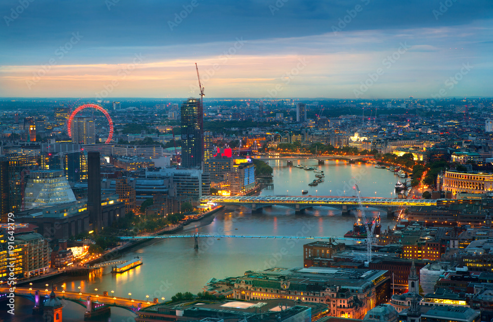 London at sunset, panoramic view with lights