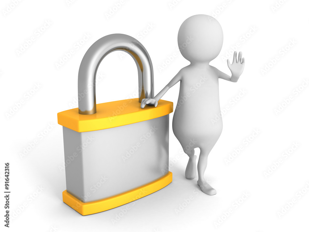 White 3d Man With Orange Padlock. Security Concept White 3d Man With Orange Padlock. Security Concept