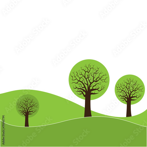 A landscape with three abstract trees and background space for text