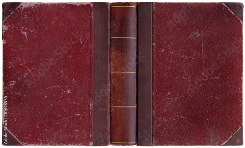 Old open book in simple crimson red canvas and paper cover with golden decorations - circa 1900 - interesting details!