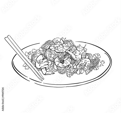 Vector sketch of spaghettii plate. Isolated on white.