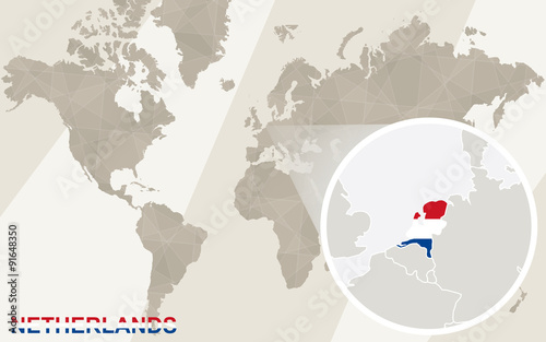 Photography Zoom on Netherlands Map and Flag. World Map.