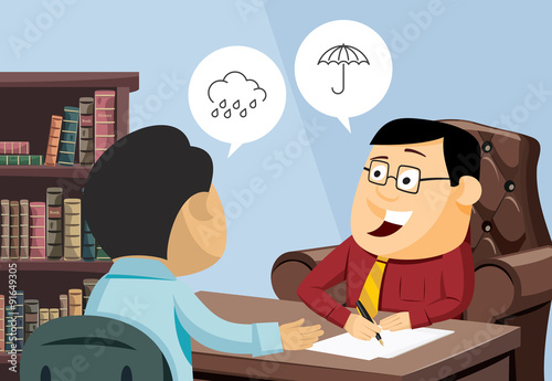Funny experienced attorney solves problem. Modern interior law firms. Customer service. Financial advice. Man invests in real estate. Simple cartoon vector illustration.