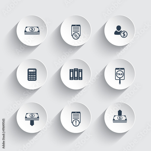 Bookkeeping, finance, payroll round icons, vector, eps10