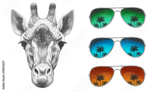 Portrait of Giraffe with mirror sunglasses. Hand drawn illustration.