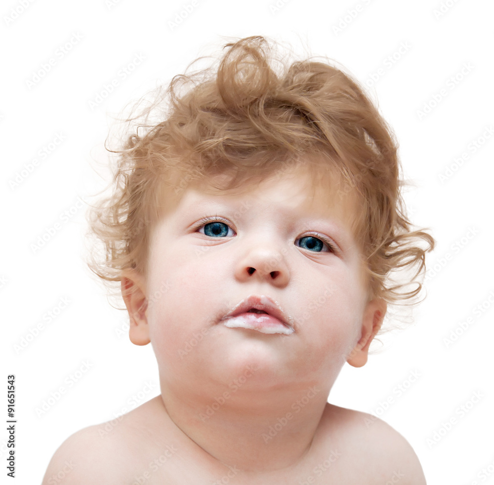 portrait of a young child with stained lips in a mess on a white portrait of a young child with stained lips in a mess on a white