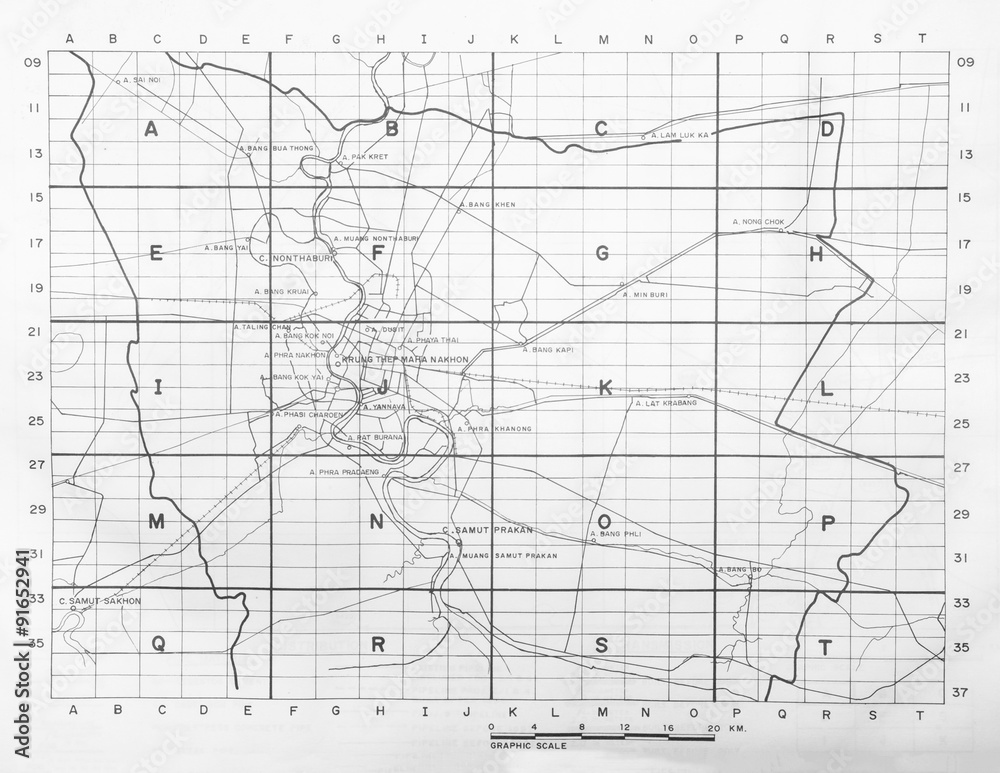 old map style since 1990 of Krung Thep Maha Nakorn or Bangkok, T old map style since 1990 of Krung Thep Maha Nakorn or Bangkok, T